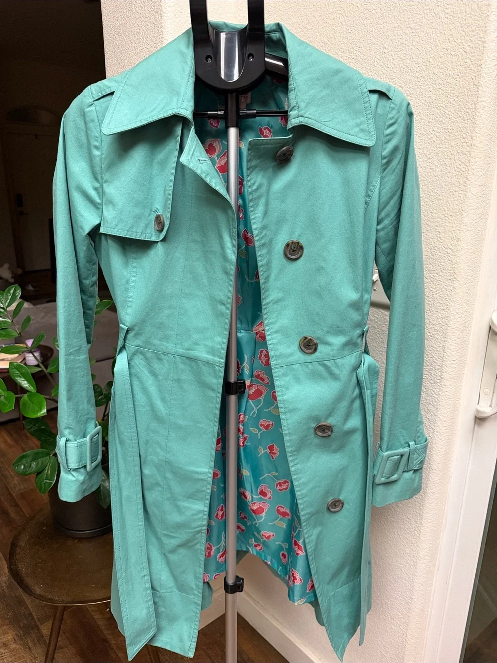 LC Lauren Conrad Mint Green Trench Coat with Floral Lining